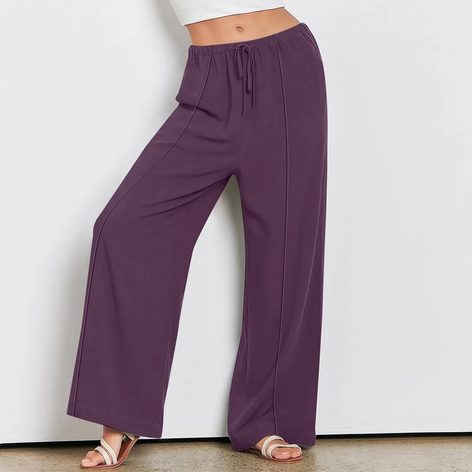 2024 Summer Linen Palazzo Pants Womens Casual Loose Drawstring Beach Palazzo Harem Joggers Pants with Pockets