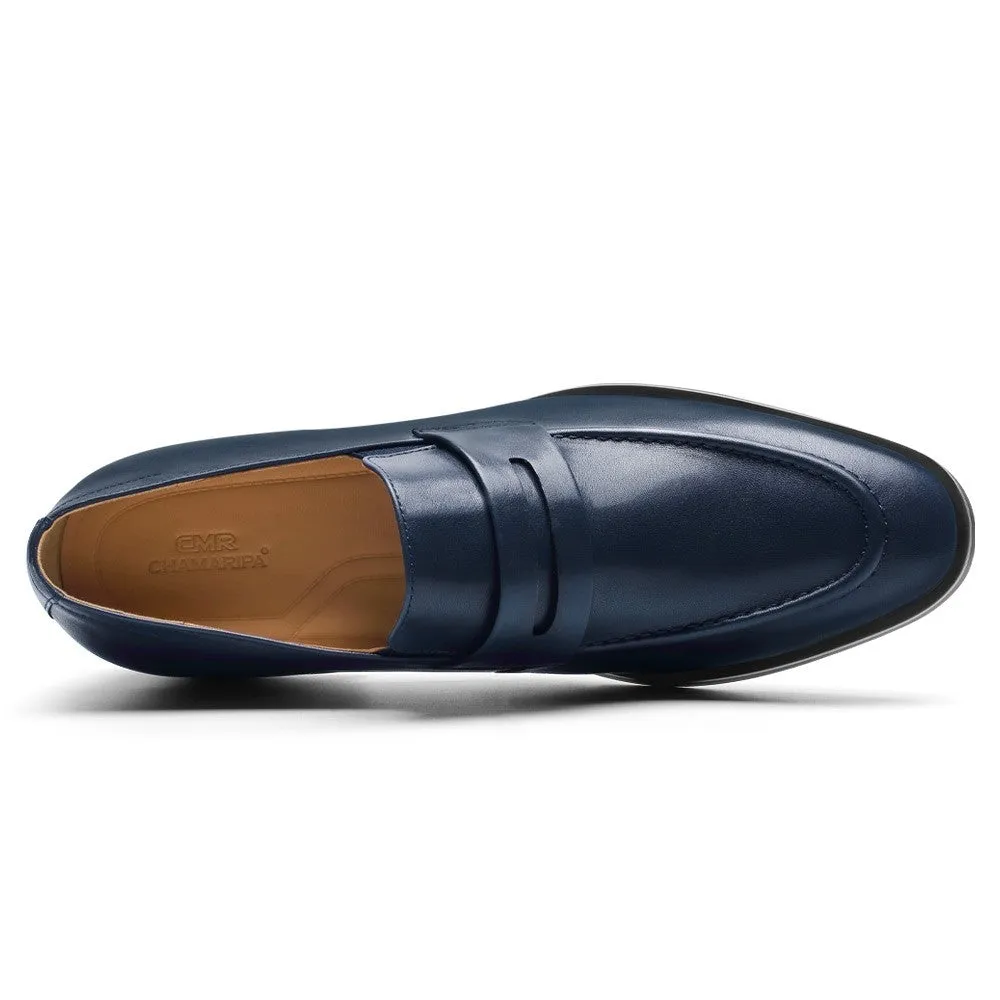 7CM/2.76 Inches CMR CHAMARIPA Elegant Blue Leather Height Increasing Slip-On Loafers