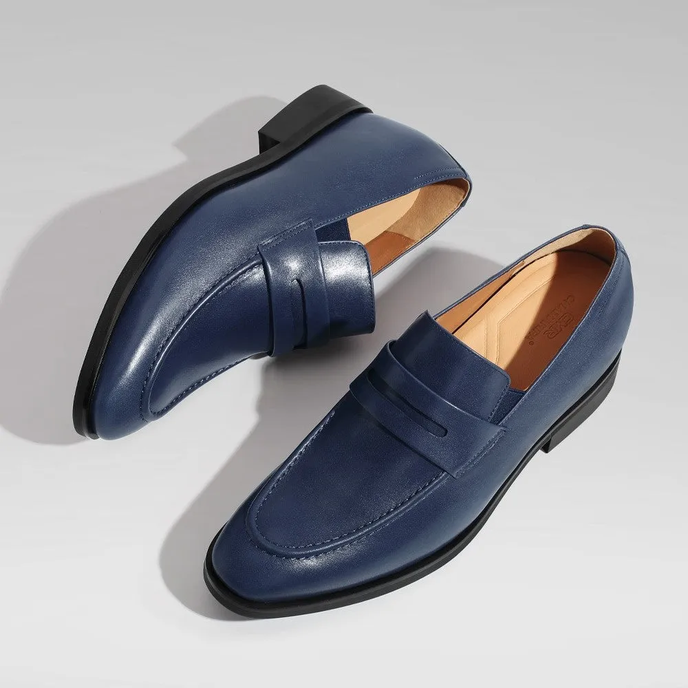 7CM/2.76 Inches CMR CHAMARIPA Elegant Blue Leather Height Increasing Slip-On Loafers
