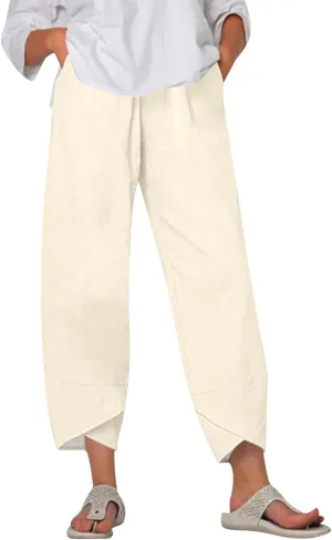 ADHOWBEW Cotton Capri Pants for Women Summer Trendy Wide Leg High Waist Casual Flowy Comfy Drawstring Trousers with Pockets