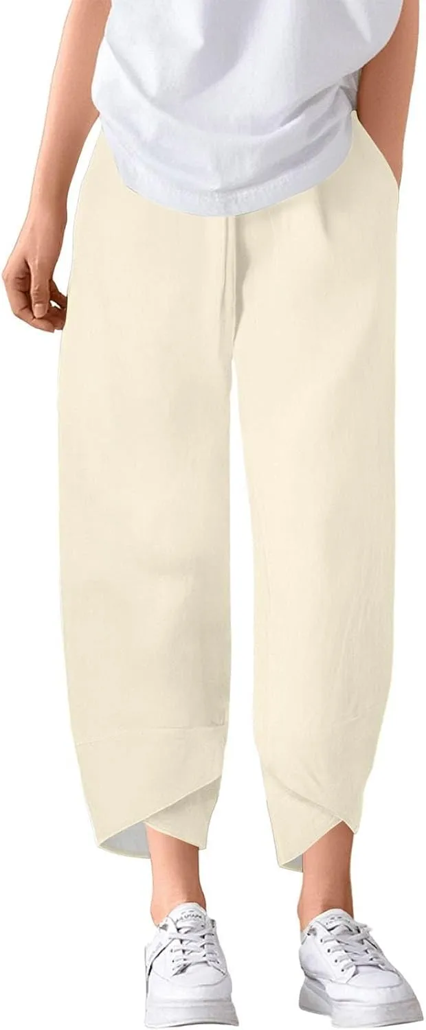 ADHOWBEW Cotton Capri Pants for Women Summer Trendy Wide Leg High Waist Casual Flowy Comfy Drawstring Trousers with Pockets