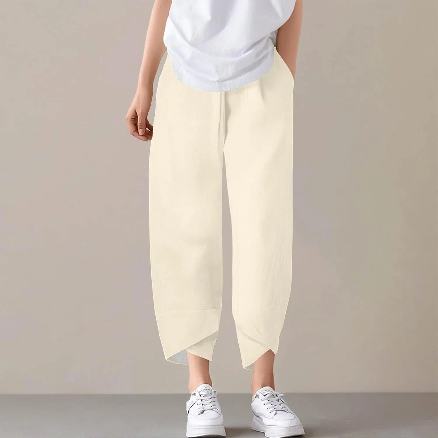 ADHOWBEW Cotton Capri Pants for Women Summer Trendy Wide Leg High Waist Casual Flowy Comfy Drawstring Trousers with Pockets