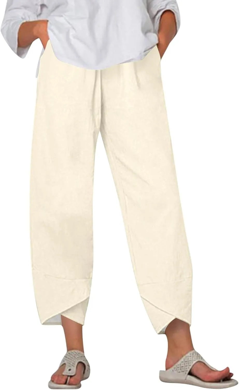 ADHOWBEW Cotton Capri Pants for Women Summer Trendy Wide Leg High Waist Casual Flowy Comfy Drawstring Trousers with Pockets