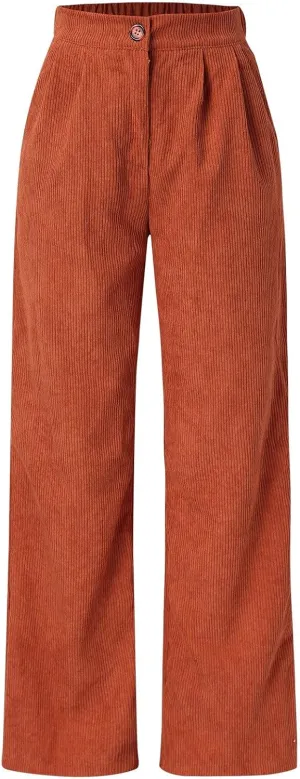 Casual Straight Pants for Women Solid Color Wide Leg Baggy Pant Loose Fit High Rise Elastic Waist Trouser with Pocket