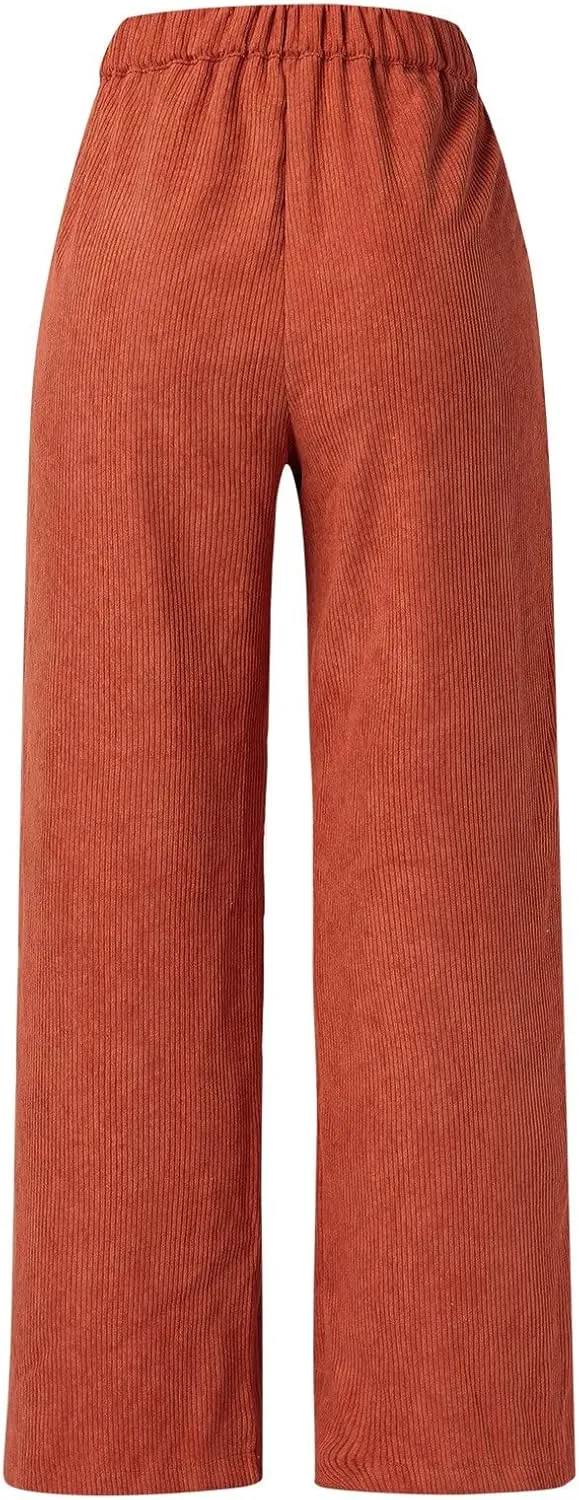 Casual Straight Pants for Women Solid Color Wide Leg Baggy Pant Loose Fit High Rise Elastic Waist Trouser with Pocket