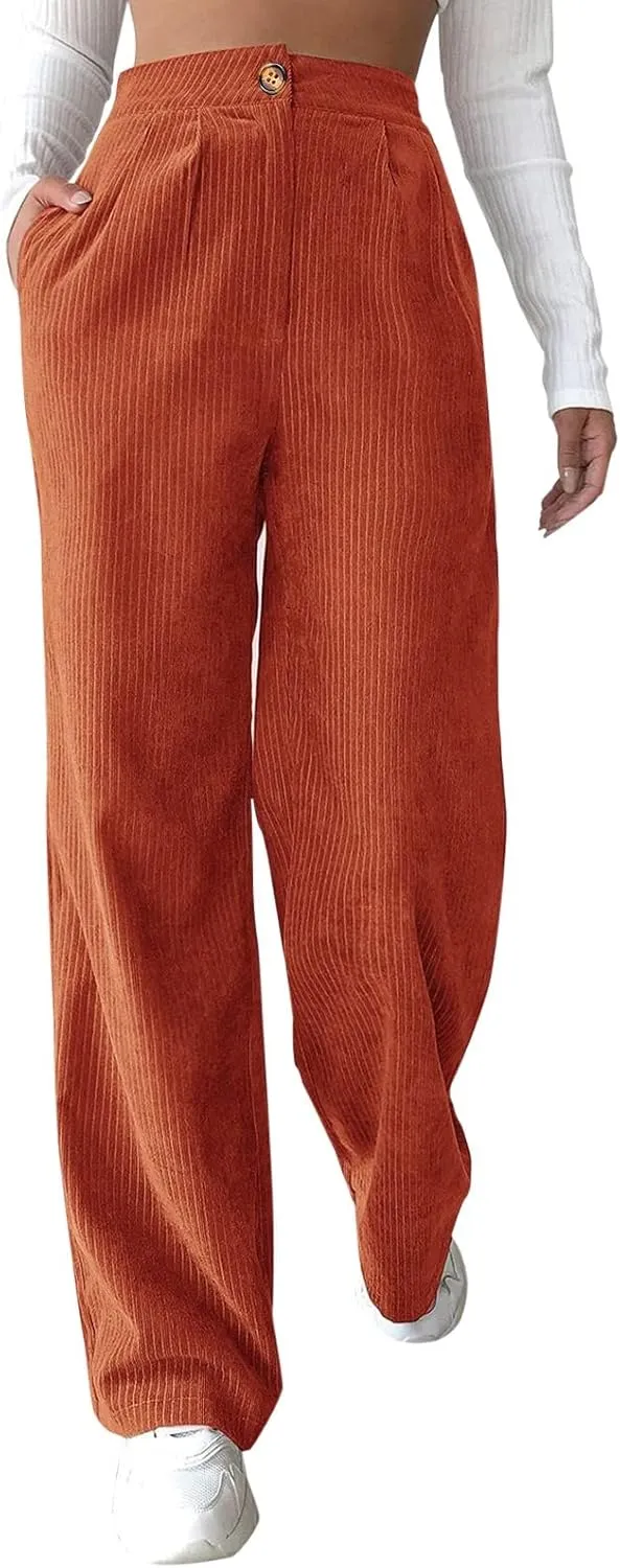 Casual Straight Pants for Women Solid Color Wide Leg Baggy Pant Loose Fit High Rise Elastic Waist Trouser with Pocket
