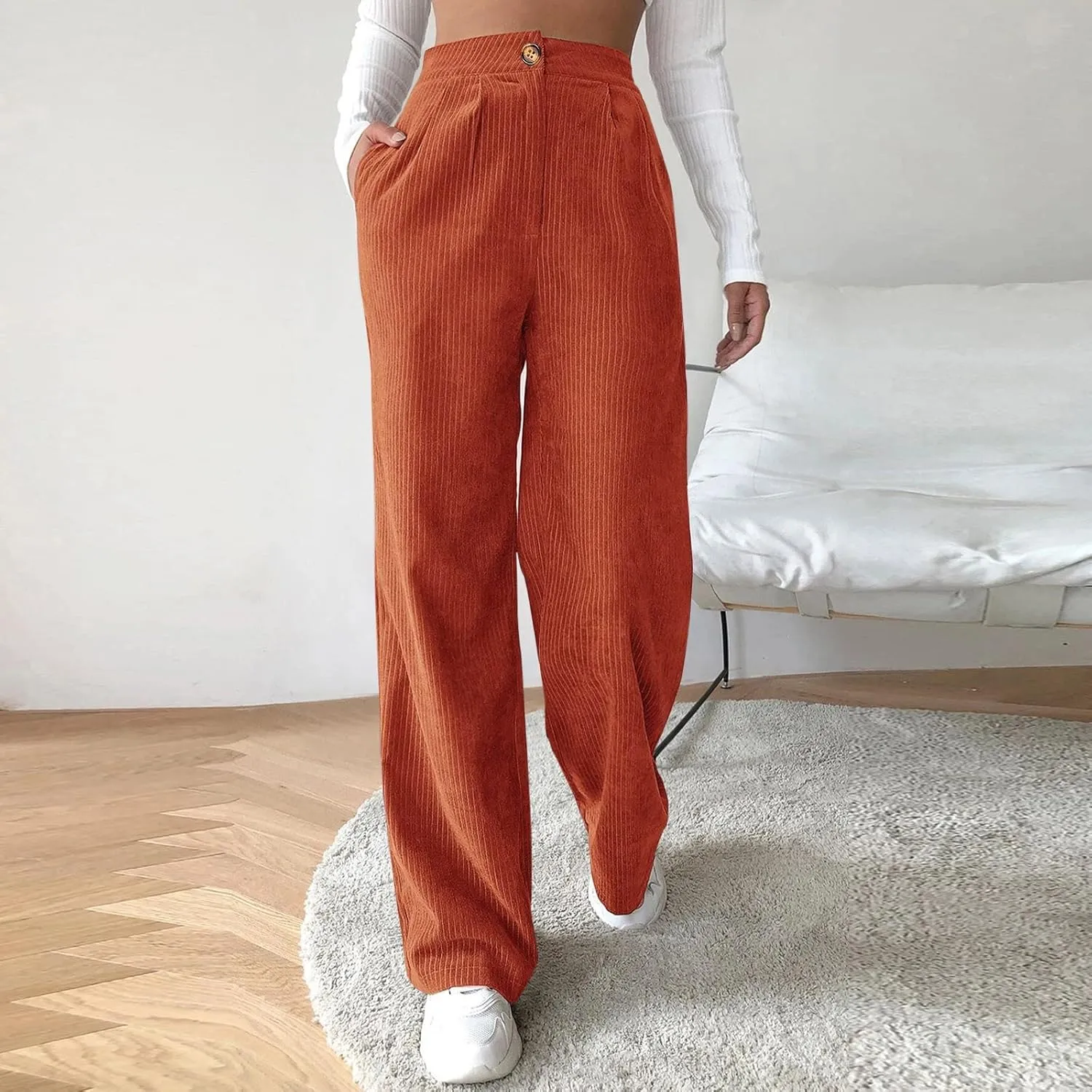 Casual Straight Pants for Women Solid Color Wide Leg Baggy Pant Loose Fit High Rise Elastic Waist Trouser with Pocket