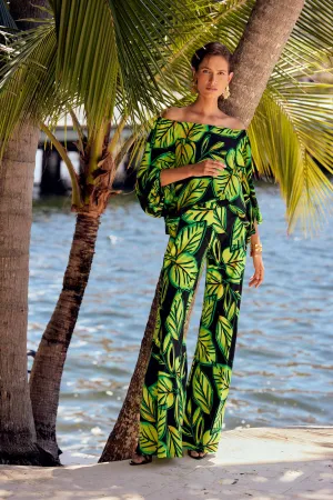 Leaf Print Silky Knit Wide-Leg Pants