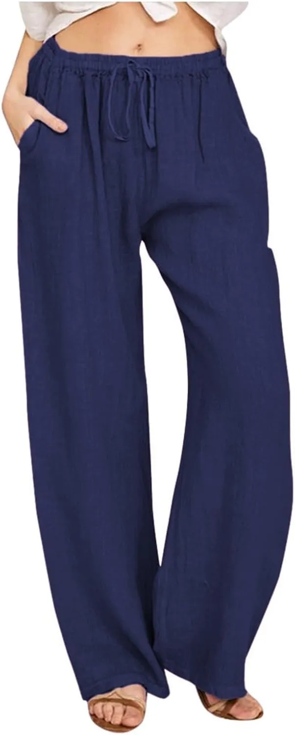 Linen Drawstring Pants Women 2025 Baggy Y2K Summer Stretchy Boho Beach Pants Relaxed Loose Fit Elastic Lightweight Trousers