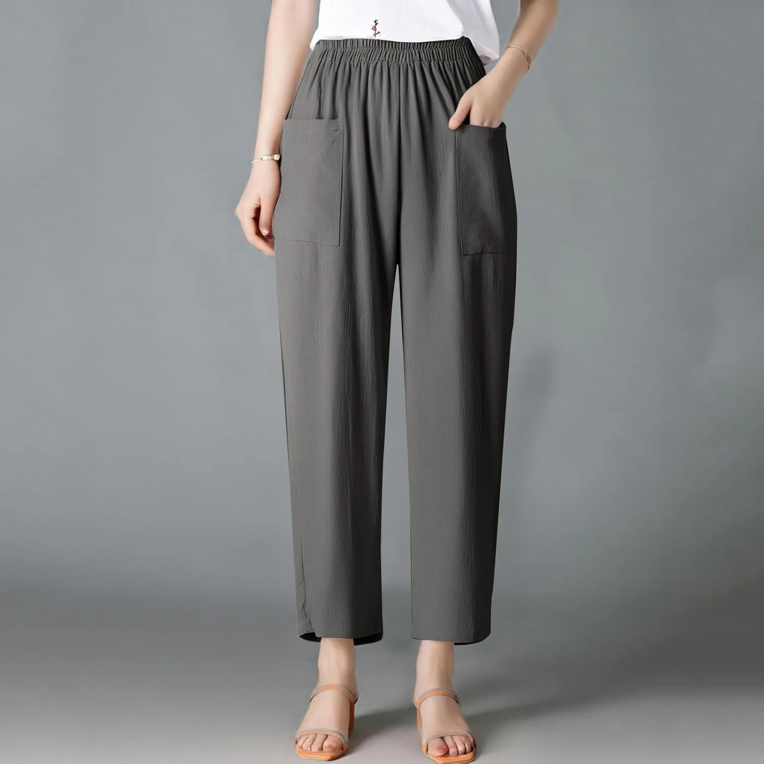 Linen Pants for Women Summer High Waist Palazzo Pants Wide Leg Plus Size Pant Lounge Trousers with Pockets (S-2Xl)