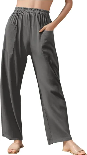 Linen Pants for Women Summer High Waist Palazzo Pants Wide Leg Plus Size Pant Lounge Trousers with Pockets (S-2Xl)