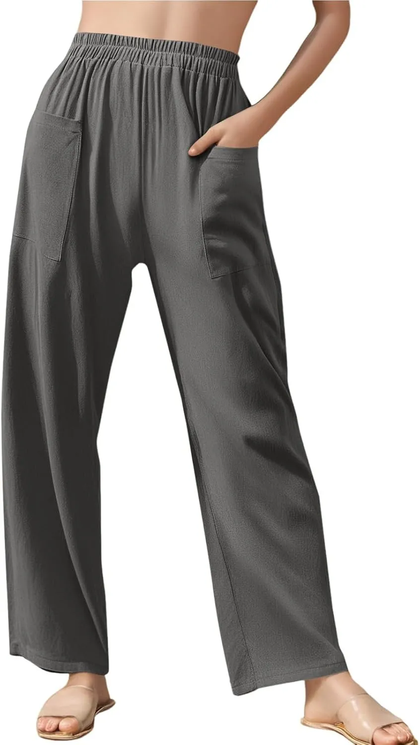 Linen Pants for Women Summer High Waist Palazzo Pants Wide Leg Plus Size Pant Lounge Trousers with Pockets (S-2Xl)