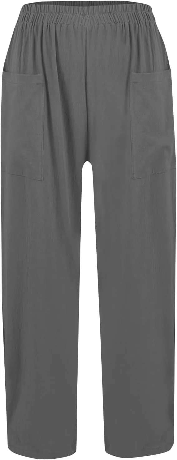 Linen Pants for Women Summer High Waist Palazzo Pants Wide Leg Plus Size Pant Lounge Trousers with Pockets (S-2Xl)
