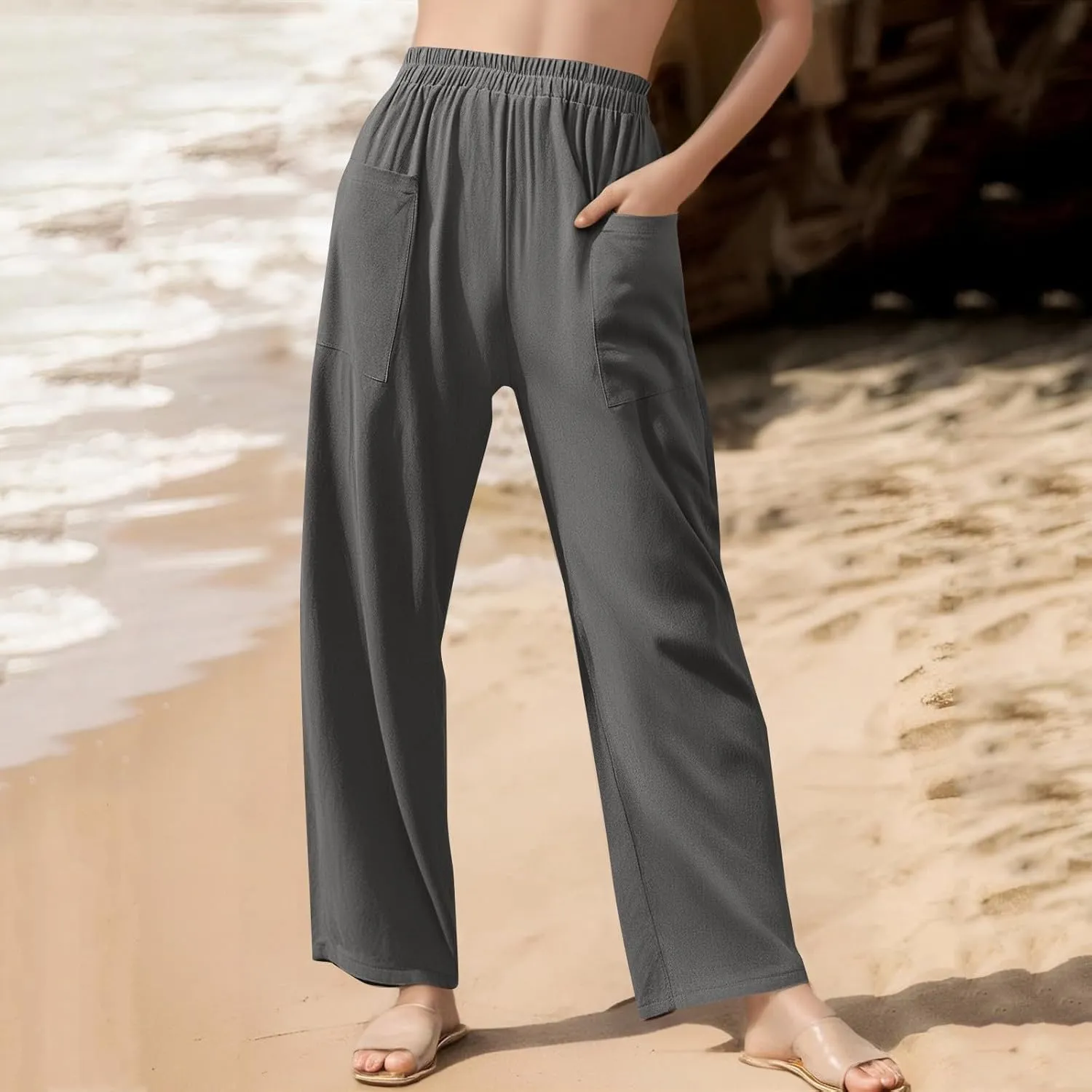 Linen Pants for Women Summer High Waist Palazzo Pants Wide Leg Plus Size Pant Lounge Trousers with Pockets (S-2Xl)