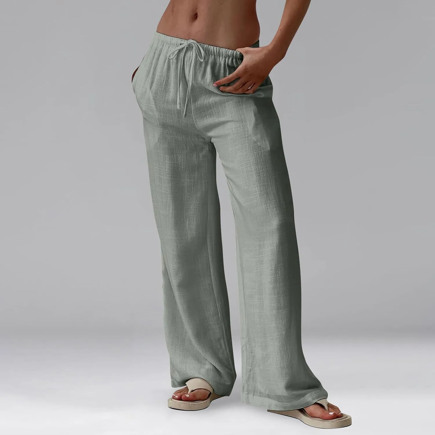Linen Pants Women Baggy High Waisted Wide Leg Yoga Pants with Pockets Casual Summer Beach Vacation Trousers Pants