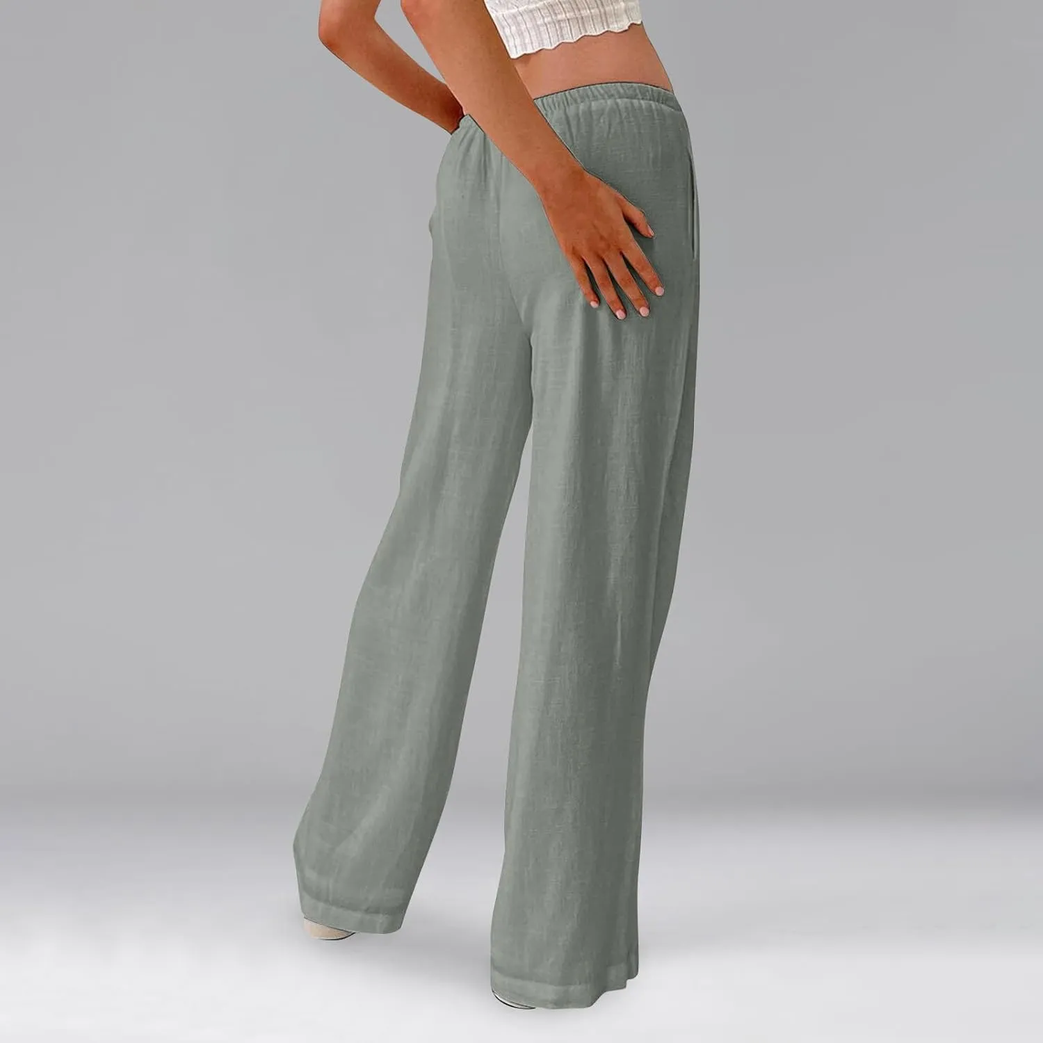 Linen Pants Women Baggy High Waisted Wide Leg Yoga Pants with Pockets Casual Summer Beach Vacation Trousers Pants