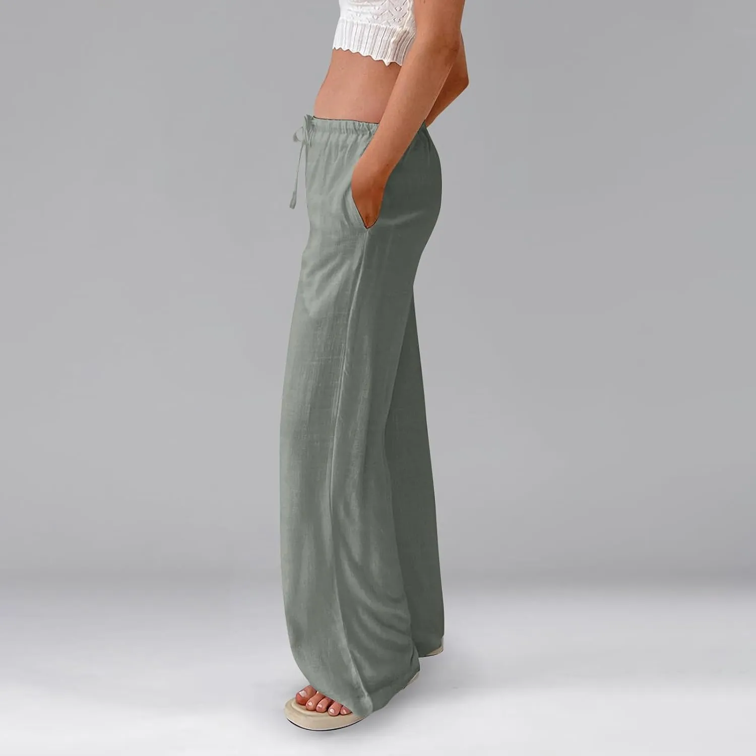Linen Pants Women Baggy High Waisted Wide Leg Yoga Pants with Pockets Casual Summer Beach Vacation Trousers Pants