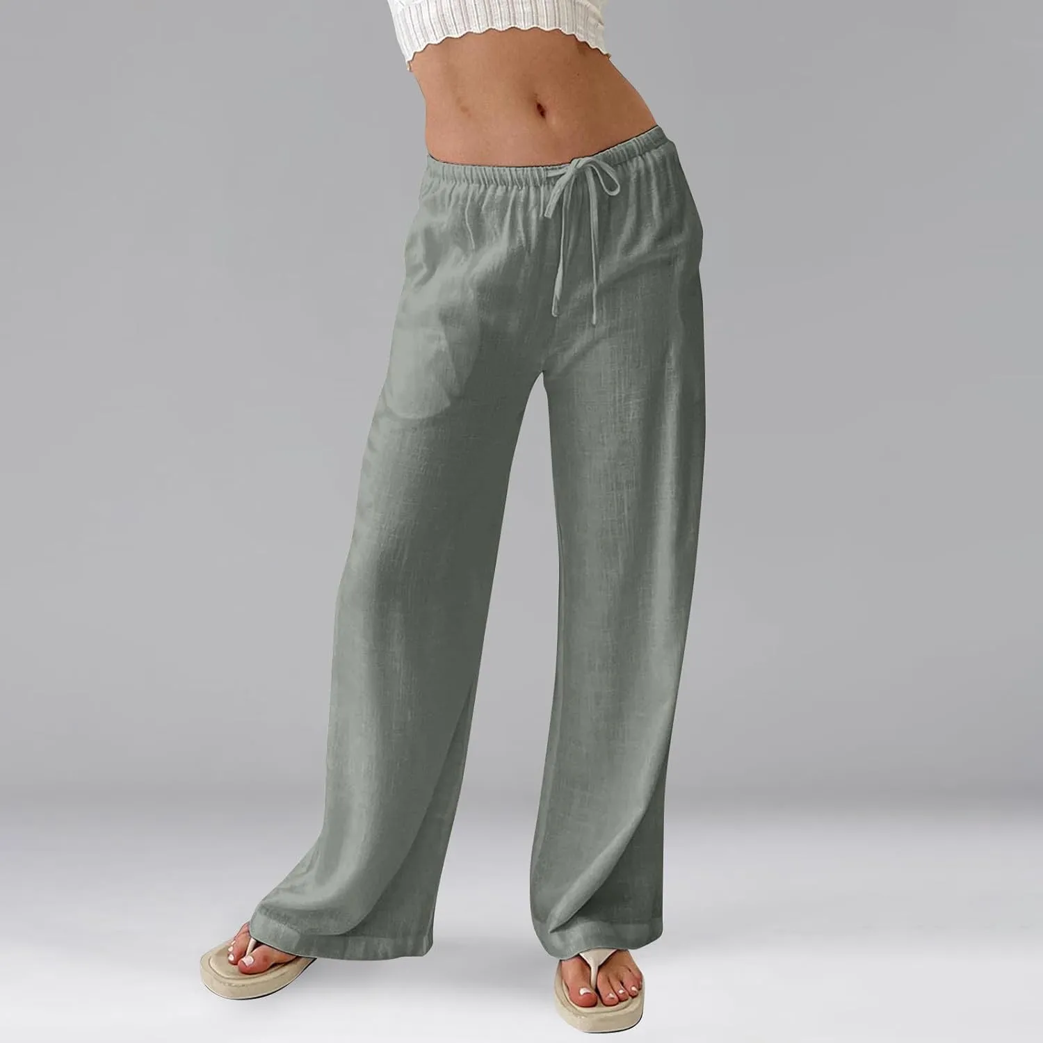 Linen Pants Women Baggy High Waisted Wide Leg Yoga Pants with Pockets Casual Summer Beach Vacation Trousers Pants