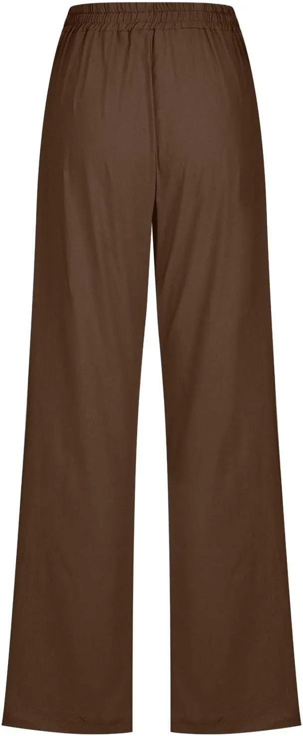 Linen Pants Women High Waist Casual Linen Pants Drawstring Straight Leg Lounge Trousers Pockets Vacation Beach Pants