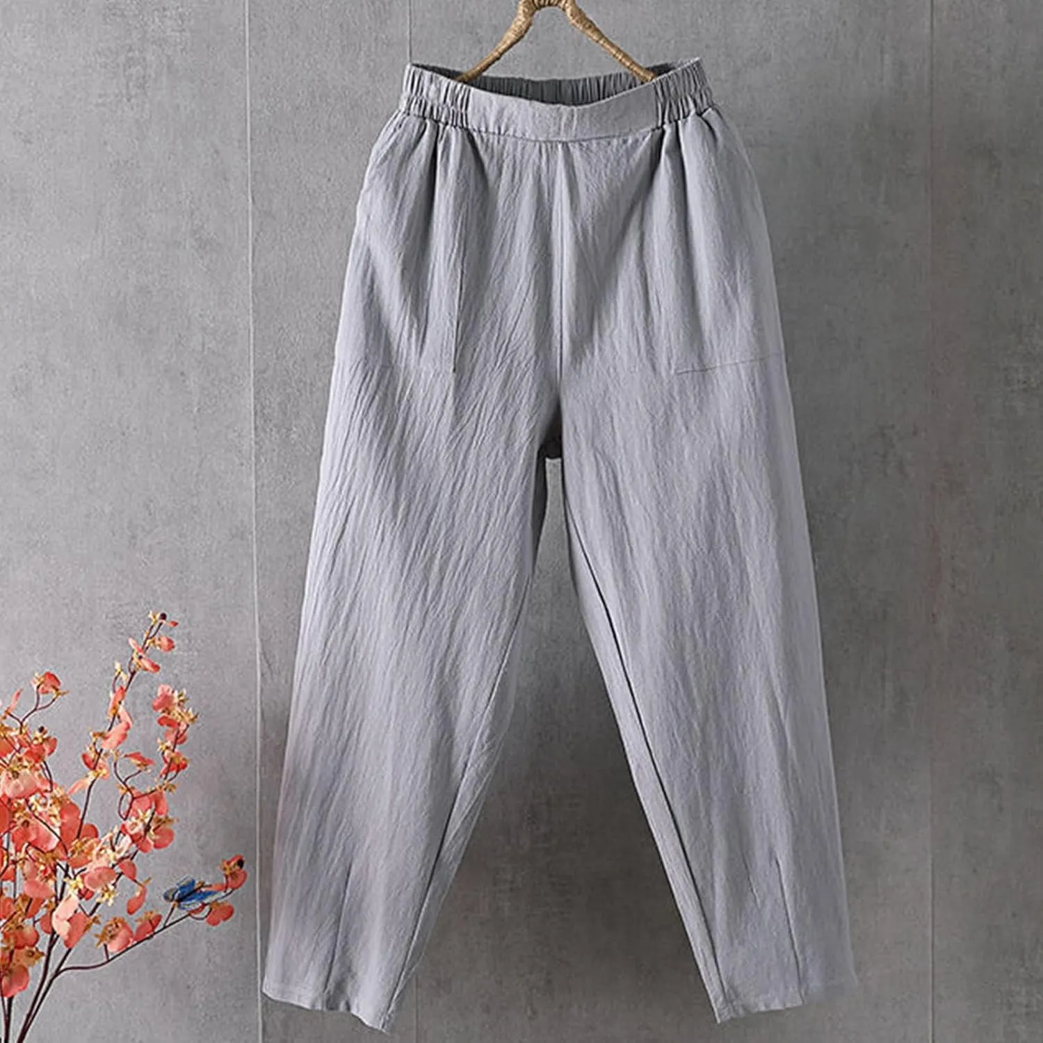 Linen Pants Women Summer 2025 High Elastic Waist Cropped Trouser Solid Color Relaxed Fit Beach Trousers with Pockets