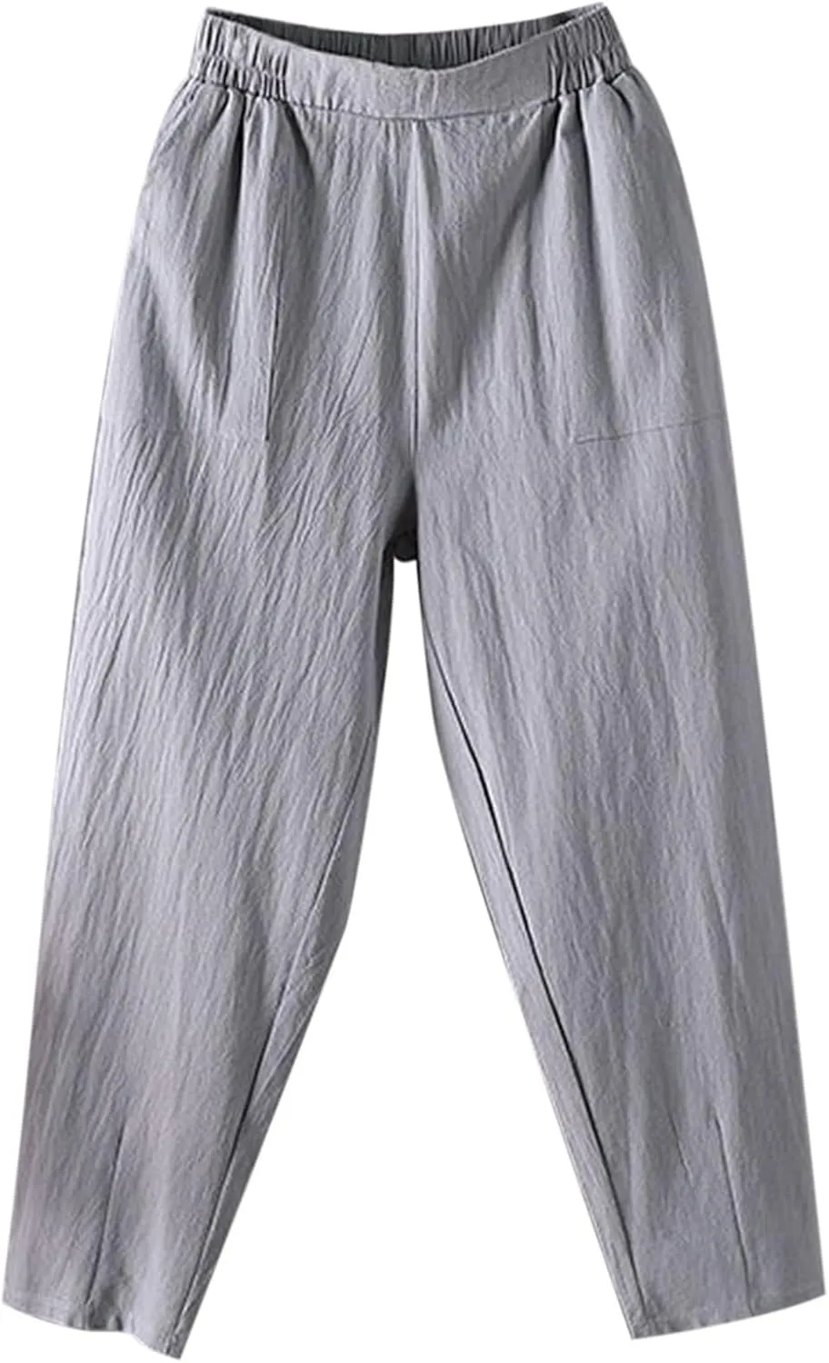 Linen Pants Women Summer 2025 High Elastic Waist Cropped Trouser Solid Color Relaxed Fit Beach Trousers with Pockets
