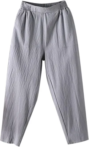 Linen Pants Women Summer 2025 High Elastic Waist Cropped Trouser Solid Color Relaxed Fit Beach Trousers with Pockets
