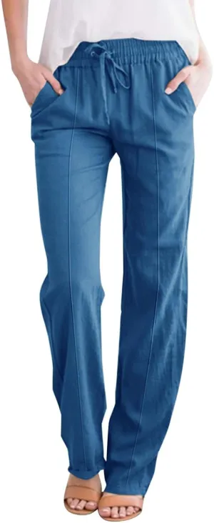 Linen Pants Women Summer Casual Beach Vacation Drawstring High Waist Loose Stright Wide Leg Pants Trouser for Women