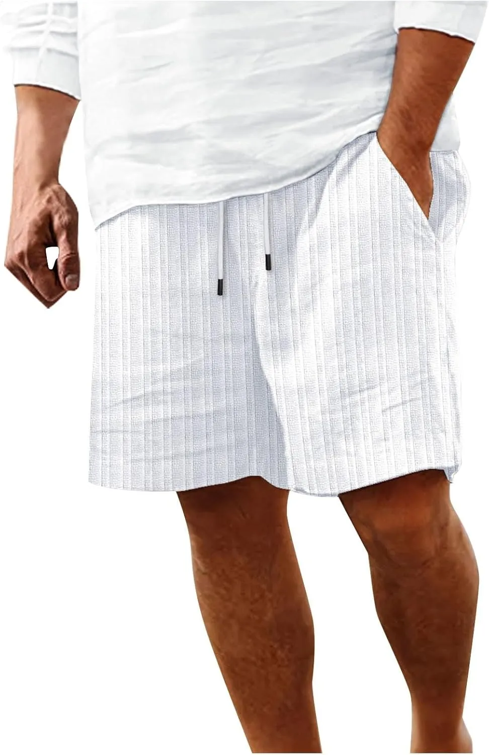 Men's Linen Cargo Shorts Summer Casual Elastic Waist Drawstring Beach Shorts with Pockets Lightweight