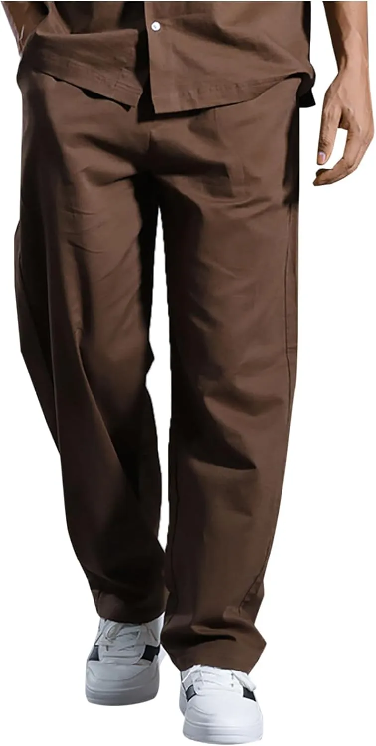 Mens Lounge Pants Cotton Linen Classic Solid Color Relaxed Straight Leg Casual Pants Wide-Legged Workout Pants