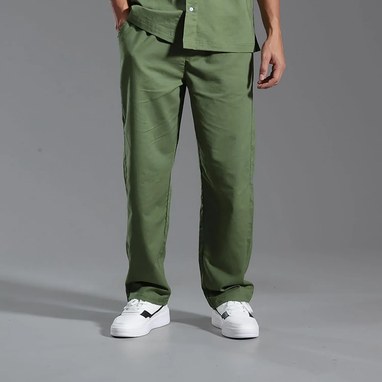 Mens Lounge Pants Cotton Linen Classic Solid Color Relaxed Straight Leg Casual Pants Wide-Legged Workout Pants