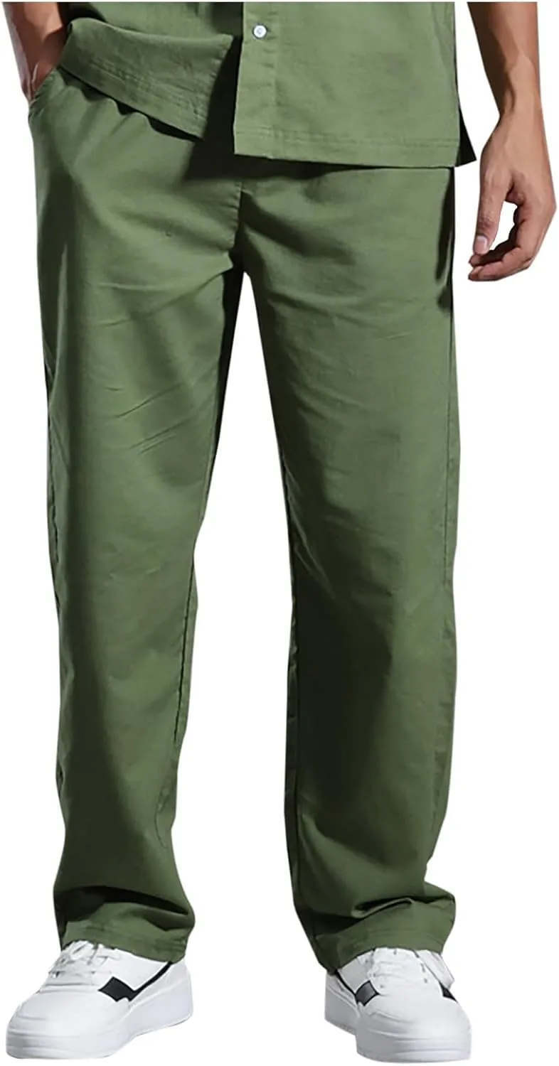 Mens Lounge Pants Cotton Linen Classic Solid Color Relaxed Straight Leg Casual Pants Wide-Legged Workout Pants