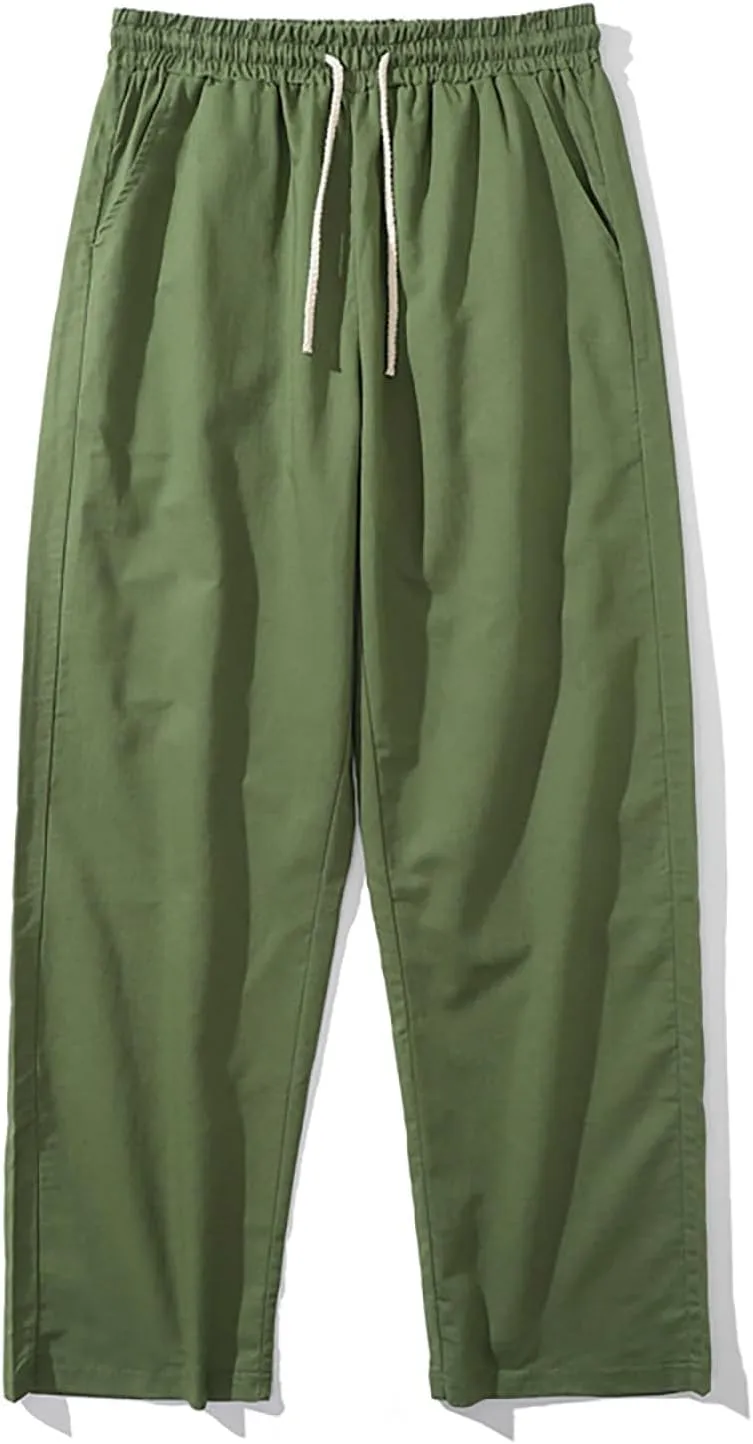 Mens Lounge Pants Cotton Linen Classic Solid Color Relaxed Straight Leg Casual Pants Wide-Legged Workout Pants
