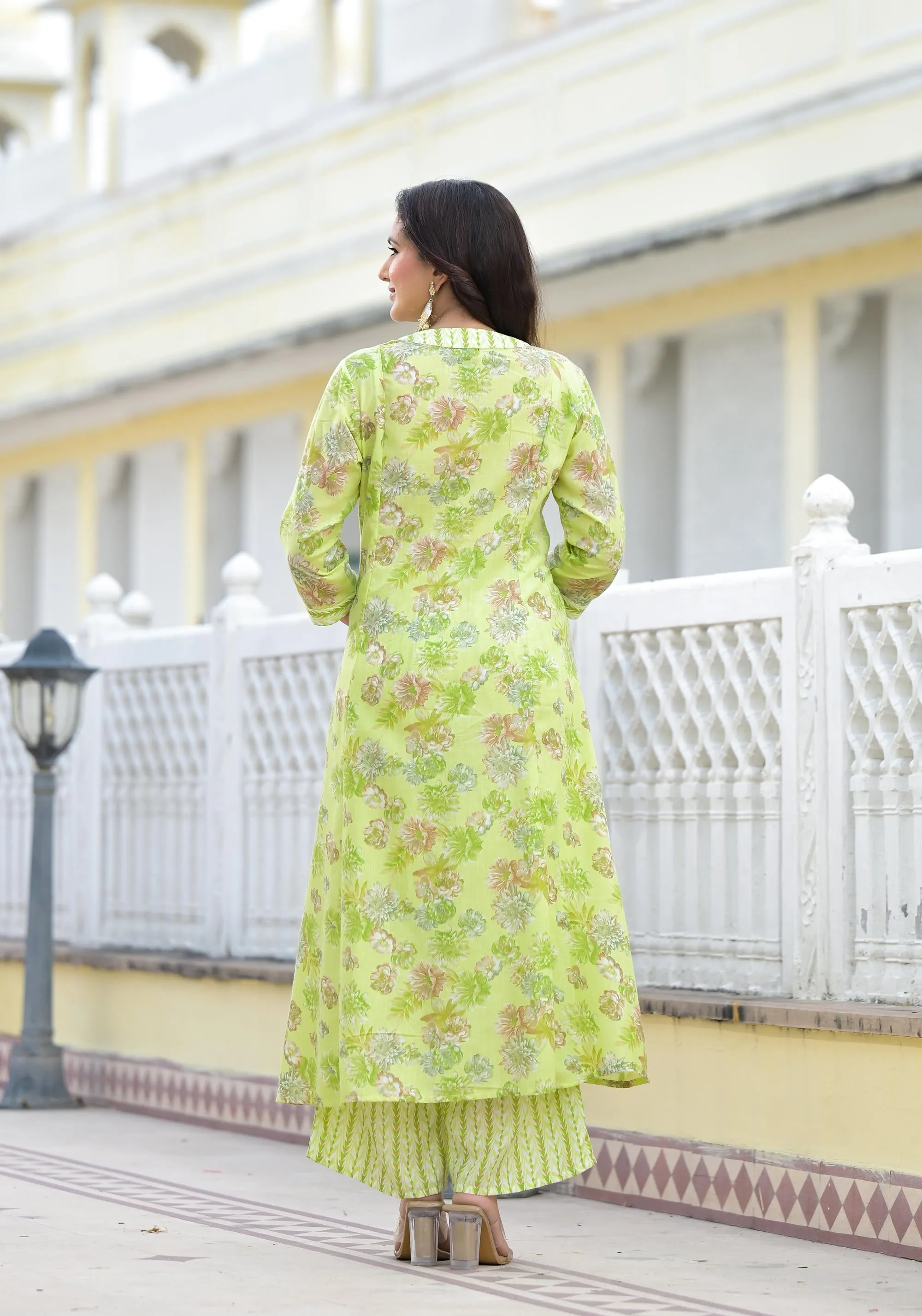 Pista Green Floral Printed Cotton Kurta Palazzo With Dupatta Set With Sequins