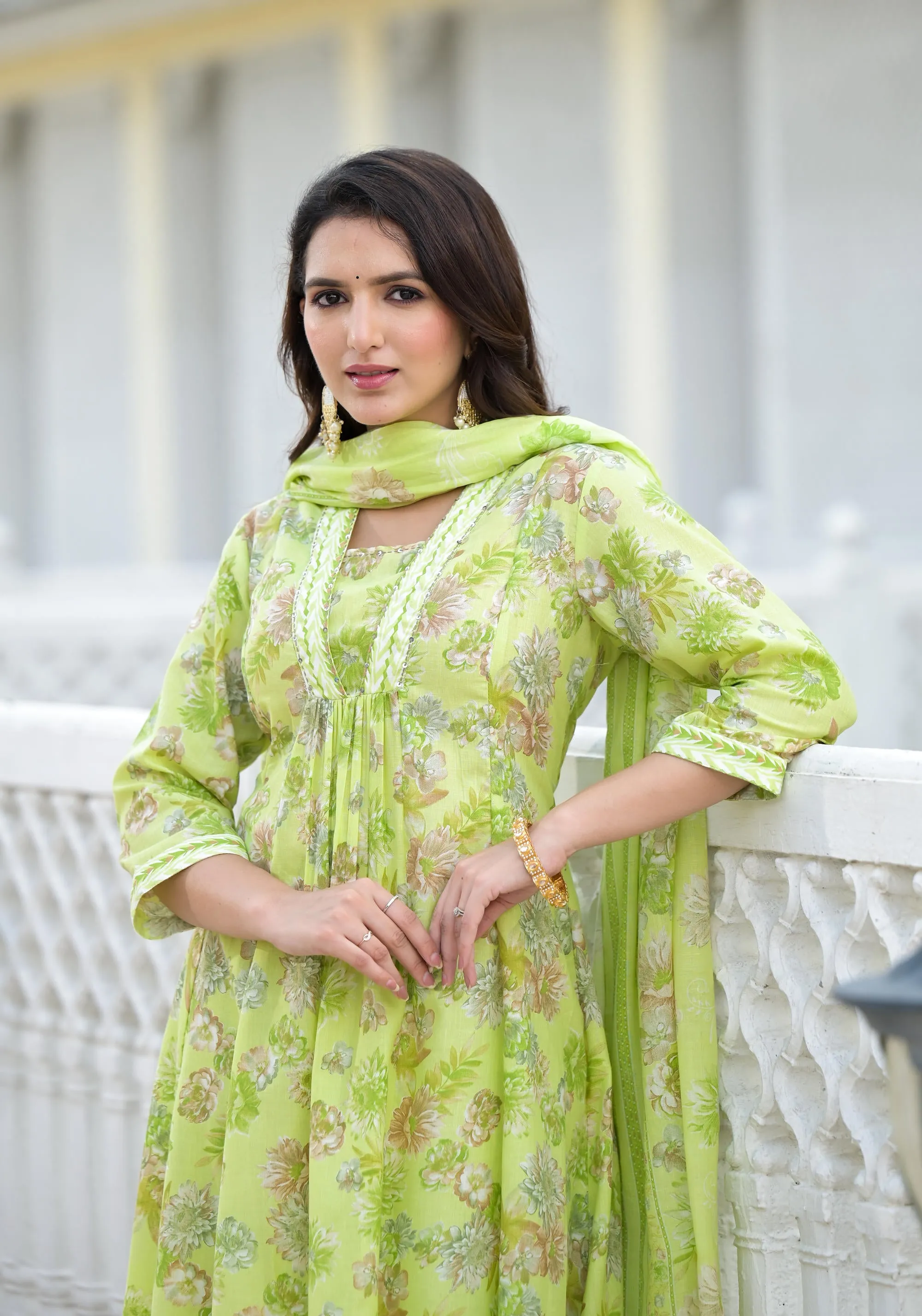 Pista Green Floral Printed Cotton Kurta Palazzo With Dupatta Set With Sequins