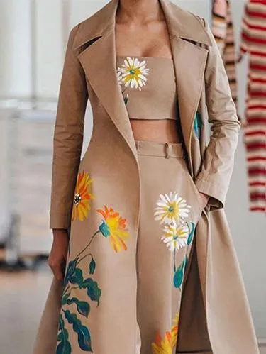 Sets Three-Piece Long Printed Tube Top Trousers Trench Coat for Women