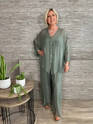 Silk Floaty Trousers Khaki 14-18