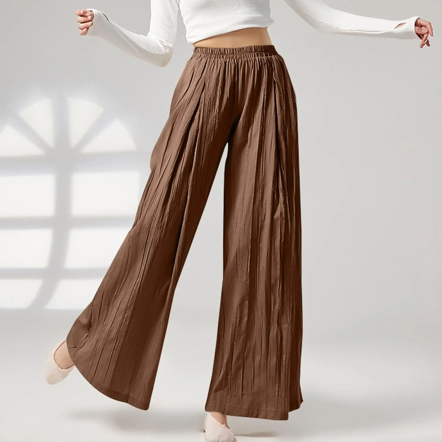 Sweatpants Women Pleated Wide Leg Pants with Pockets Casual Elastic Waist Cotton Linen Straight Leg Pants