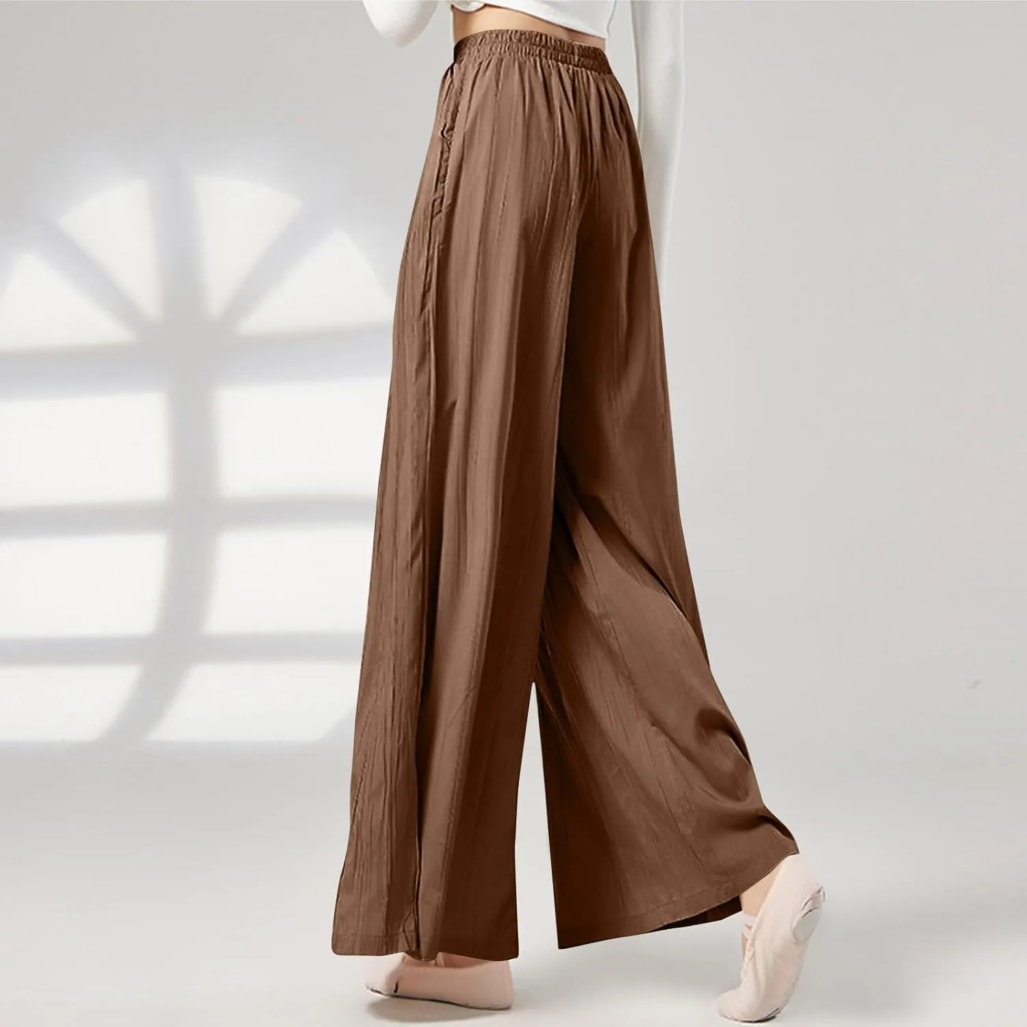 Sweatpants Women Pleated Wide Leg Pants with Pockets Casual Elastic Waist Cotton Linen Straight Leg Pants