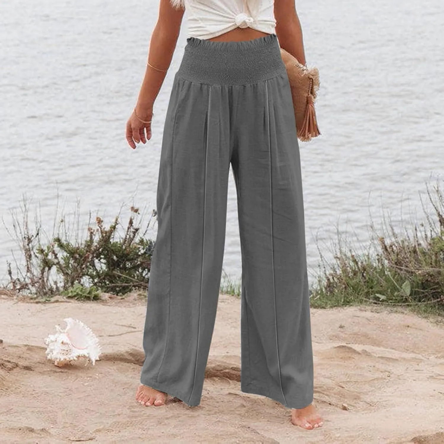 Wide Leg Linen Pants Women Cotton Boho Flowy Pants Business Casual Work Pants High Waisted Palazzo Pants with Pockets