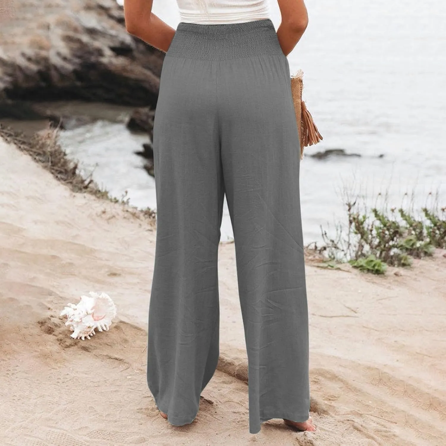 Wide Leg Linen Pants Women Cotton Boho Flowy Pants Business Casual Work Pants High Waisted Palazzo Pants with Pockets