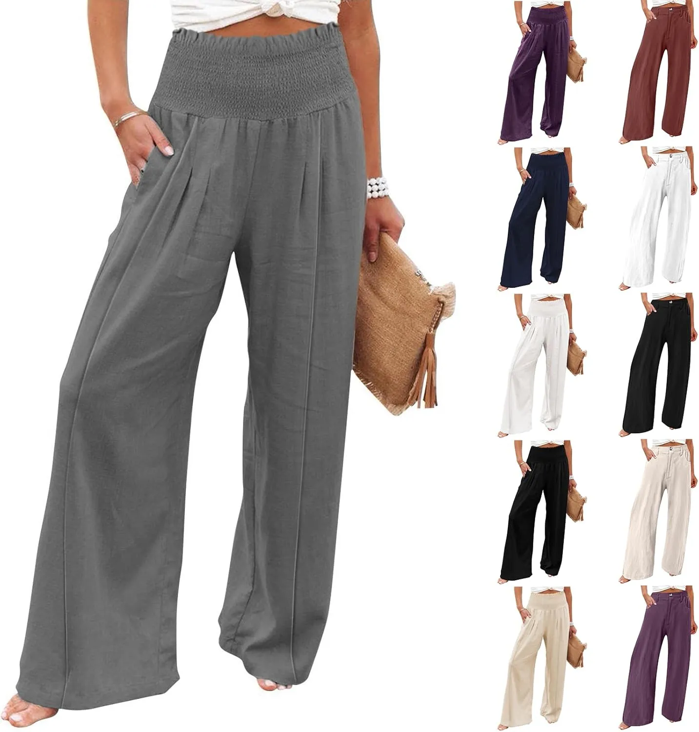 Wide Leg Linen Pants Women Cotton Boho Flowy Pants Business Casual Work Pants High Waisted Palazzo Pants with Pockets