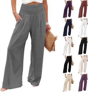Wide Leg Linen Pants Women Cotton Boho Flowy Pants Business Casual Work Pants High Waisted Palazzo Pants with Pockets