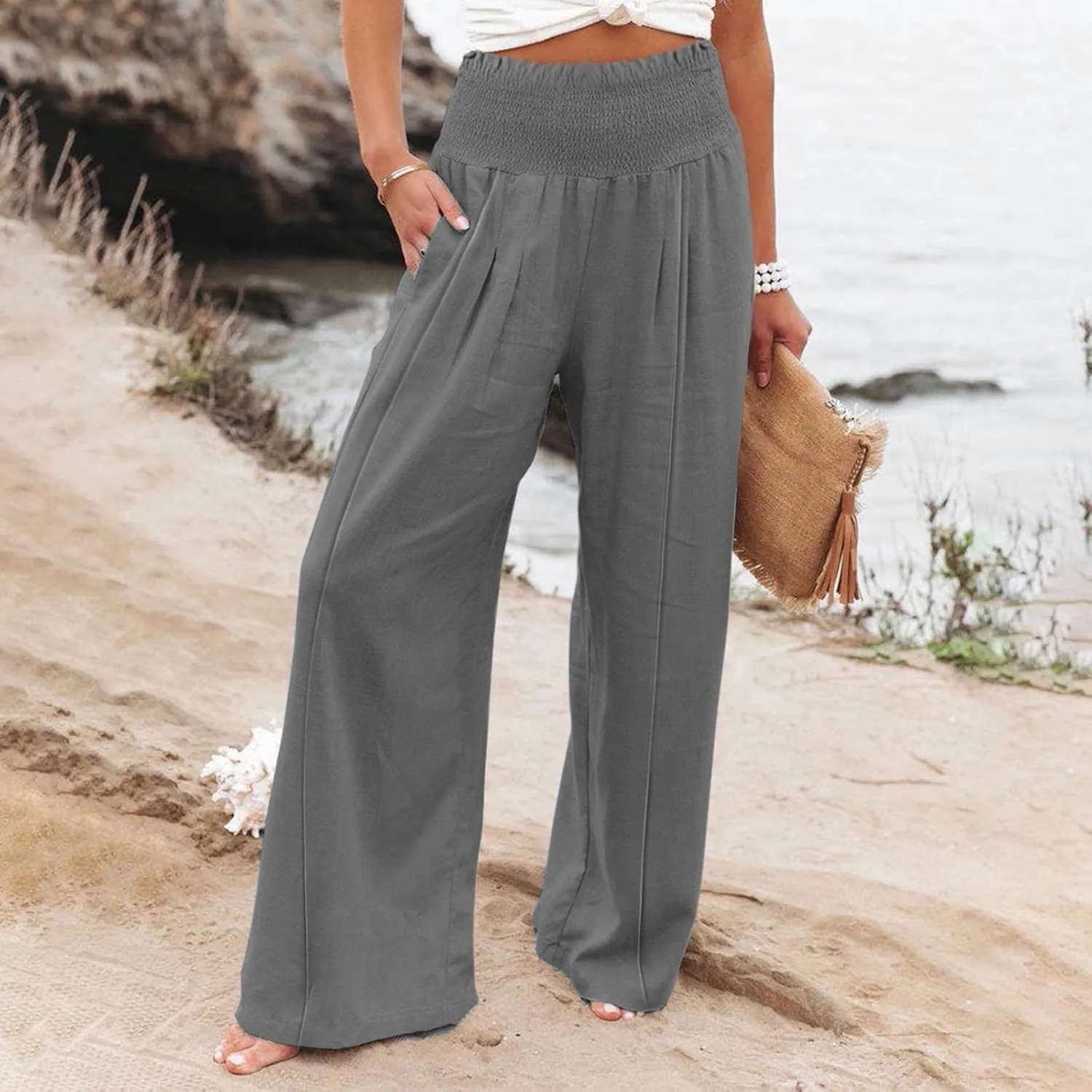 Wide Leg Linen Pants Women Cotton Boho Flowy Pants Business Casual Work Pants High Waisted Palazzo Pants with Pockets