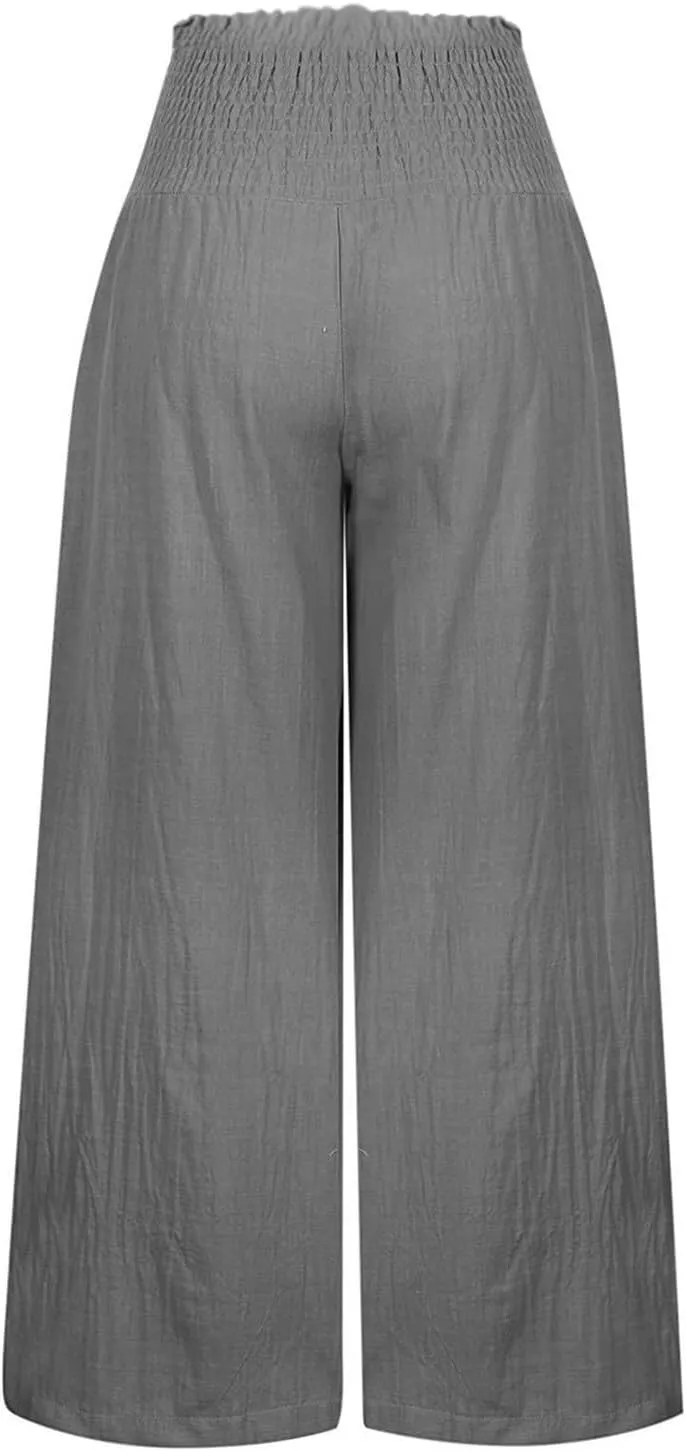 Wide Leg Linen Pants Women Cotton Boho Flowy Pants Business Casual Work Pants High Waisted Palazzo Pants with Pockets