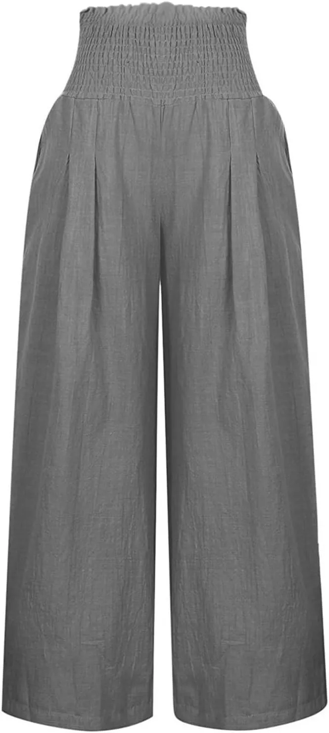 Wide Leg Linen Pants Women Cotton Boho Flowy Pants Business Casual Work Pants High Waisted Palazzo Pants with Pockets