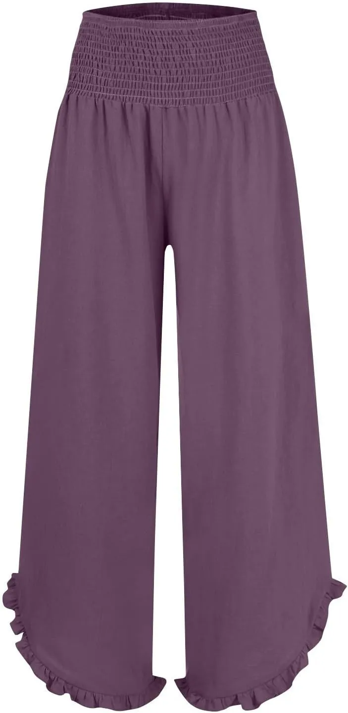 Wide Leg Pants for Women Pleated Smocked High Waisted Linen Palazzo Pants 2025 Summer Casual Ruffle Hem Lounge Pants