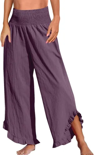 Wide Leg Pants for Women Pleated Smocked High Waisted Linen Palazzo Pants 2025 Summer Casual Ruffle Hem Lounge Pants