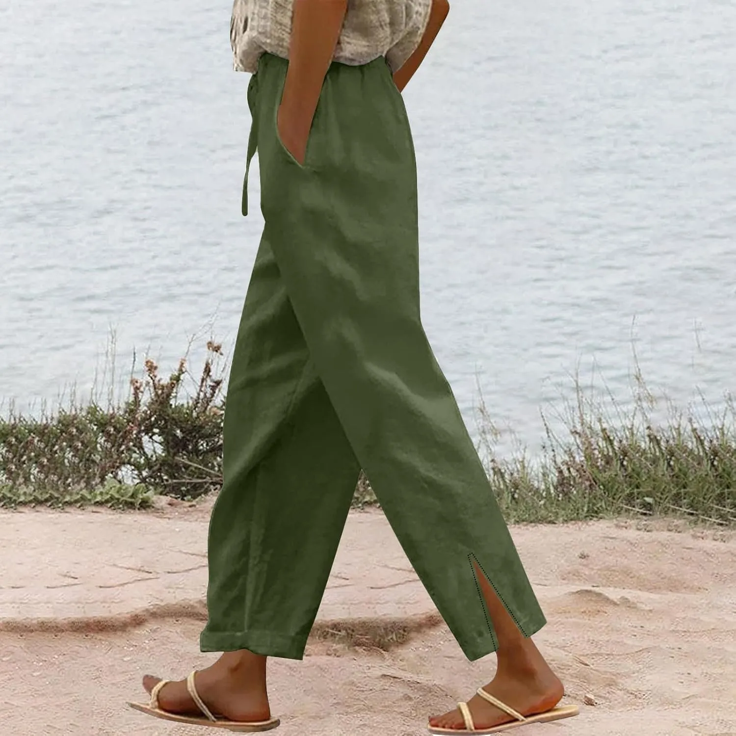 Women Linen Pants 2025 Wide Leg Casual Palazzo Pants Cotton Linen Lounge Beach Summer Pants with Pockets
