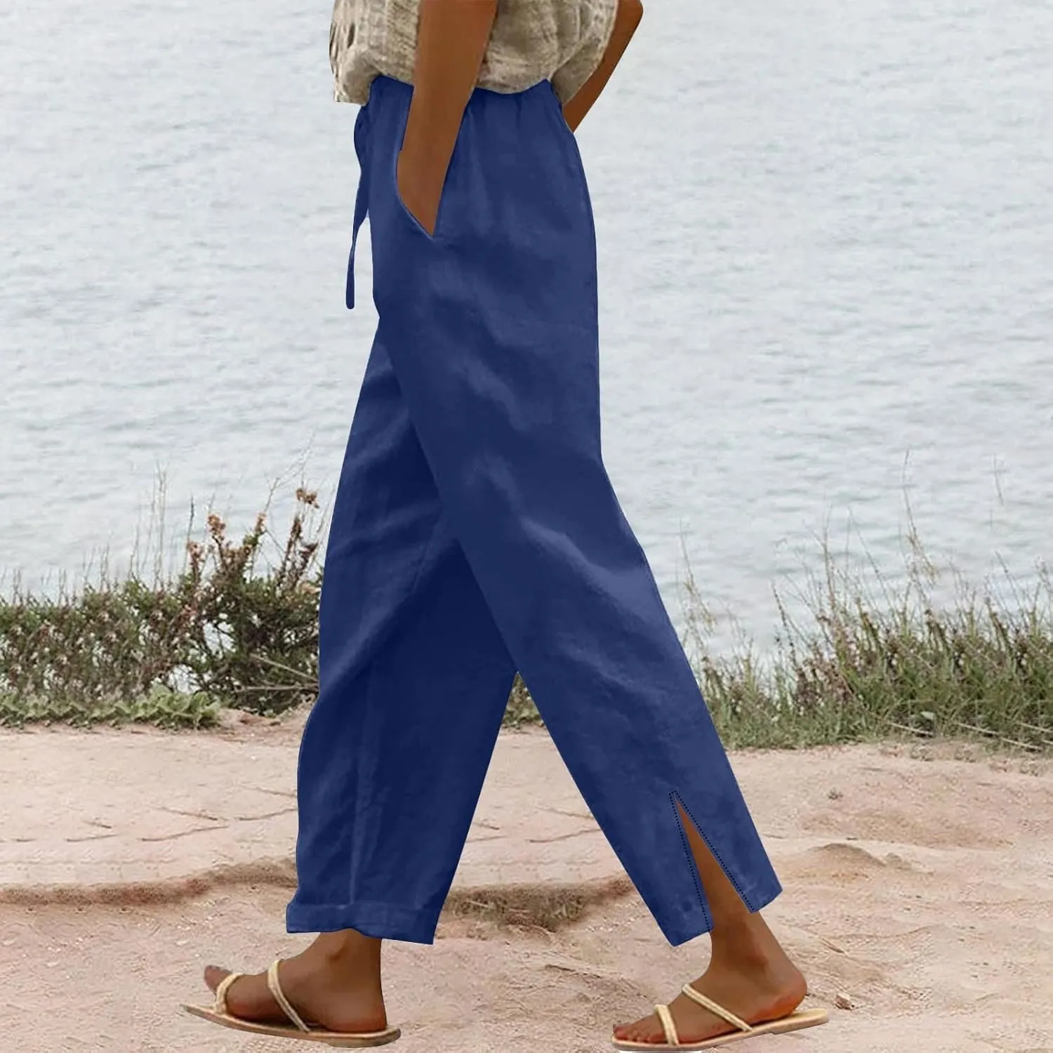 Women Linen Pants 2025 Wide Leg Casual Palazzo Pants Cotton Linen Lounge Beach Summer Pants with Pockets