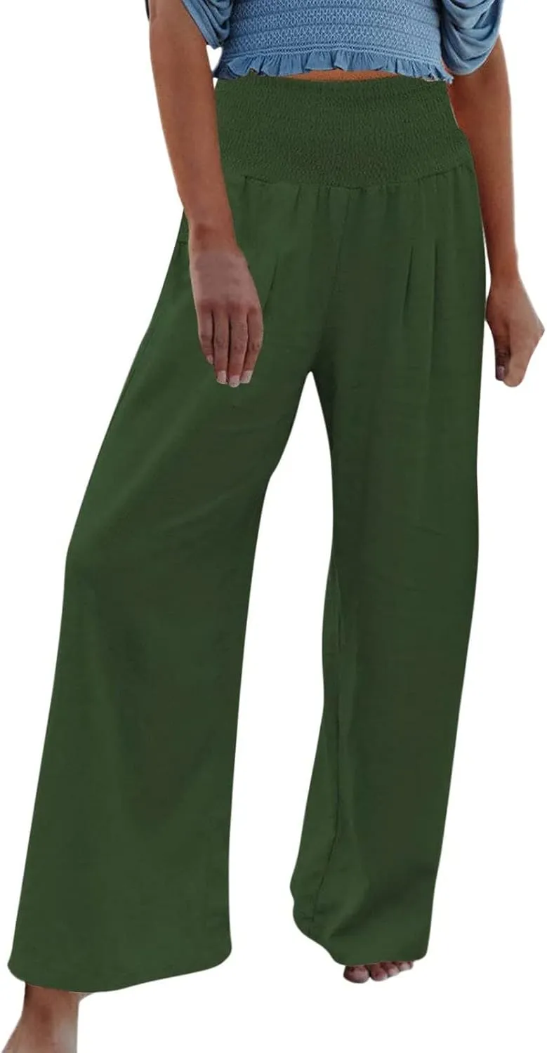 Women Summer Beach Wide Leg Pants Cotton Linen Casual Loose Baggy Boho Pant Elastic High Waist Trousers with Pocket